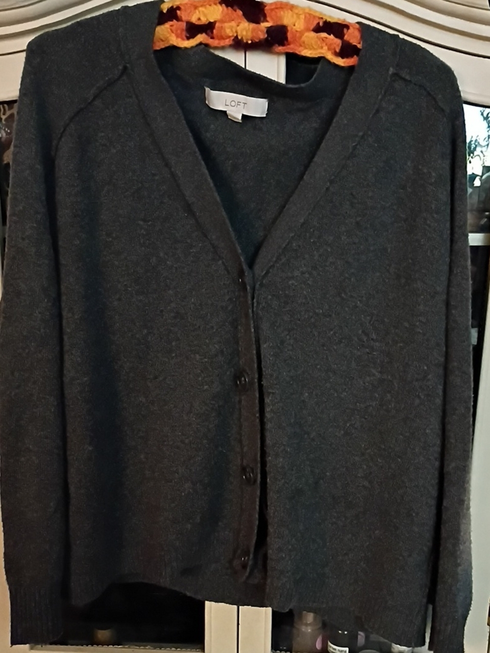 LOFT Dark Charcoal V-Neck Button Cardigan Boxy Style Size Large